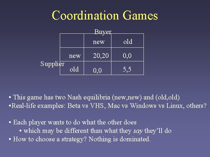 Coordination Games Supplier Buyer new old new 20, 20 0, 0 old 0, 0