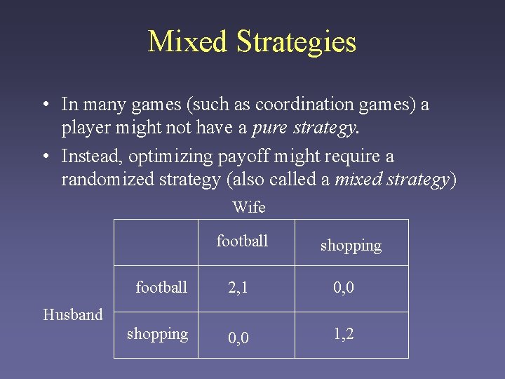 Mixed Strategies • In many games (such as coordination games) a player might not