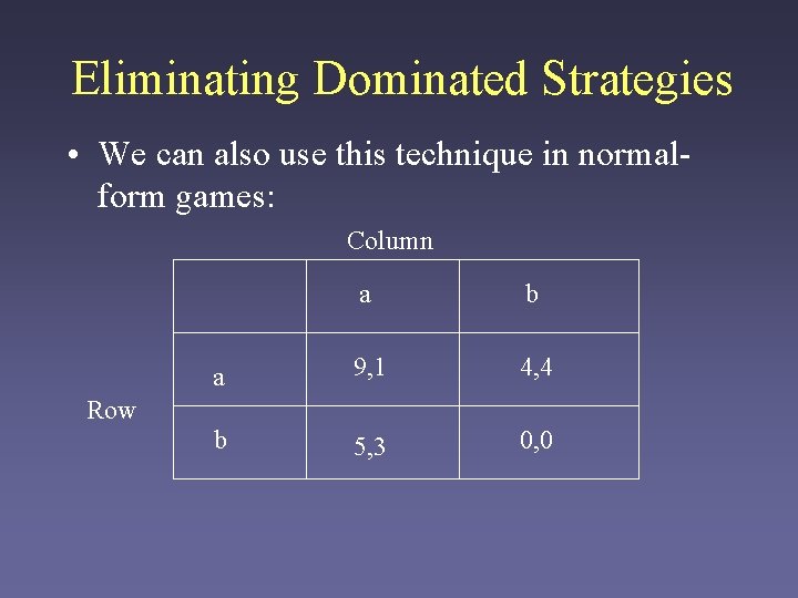 Eliminating Dominated Strategies • We can also use this technique in normalform games: Column