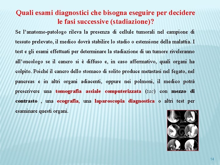 Quali esami diagnostici che bisogna eseguire per decidere le fasi successive (stadiazione)? Se l’anatomo-patologo