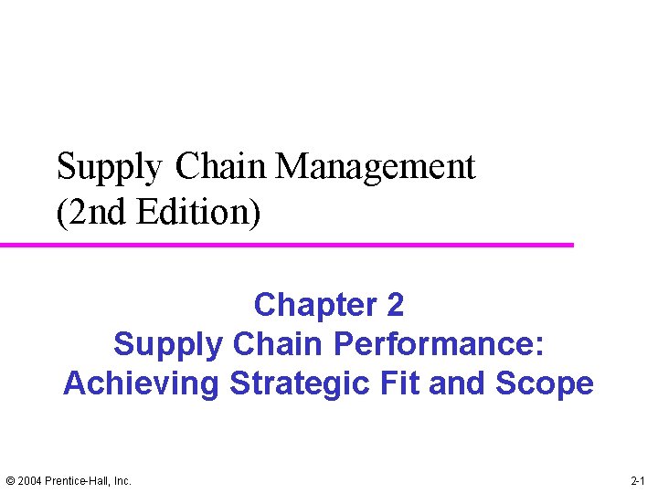 Supply Chain Management (2 nd Edition) Chapter 2 Supply Chain Performance: Achieving Strategic Fit