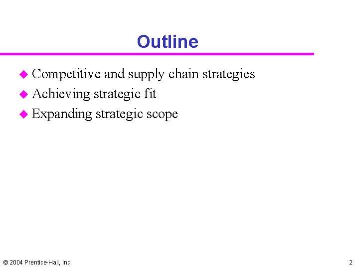 Outline u Competitive and supply chain strategies u Achieving strategic fit u Expanding strategic