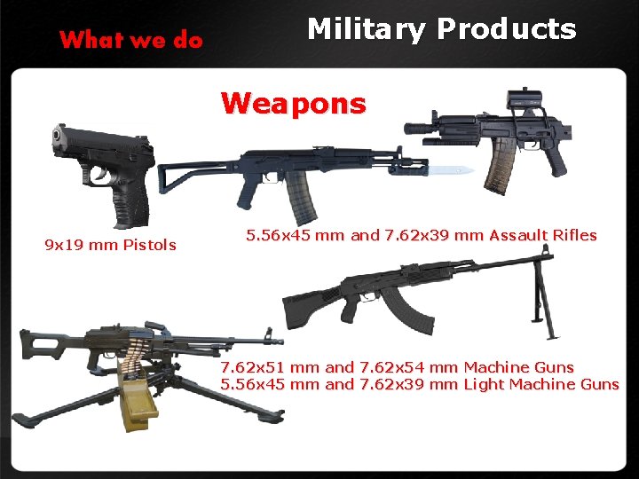 What we do Military Products Weapons 9 x 19 mm Pistols 5. 56 x