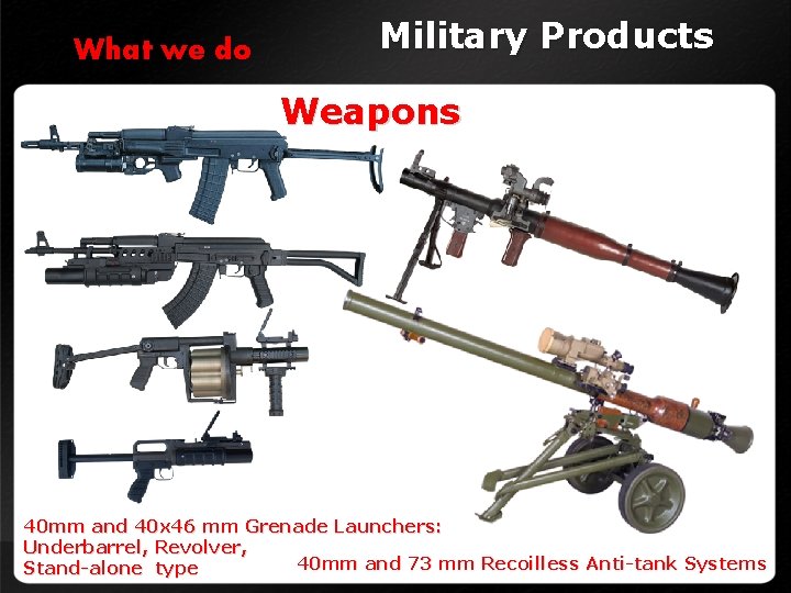 What we do Military Products Weapons 40 mm and 40 x 46 mm Grenade