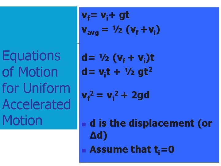 vf= vi+ gt vavg = ½ (vf +vi) Equations of Motion for Uniform Accelerated vf= vi+ gt vavg = ½ (vf +vi) Equations of Motion for Uniform Accelerated