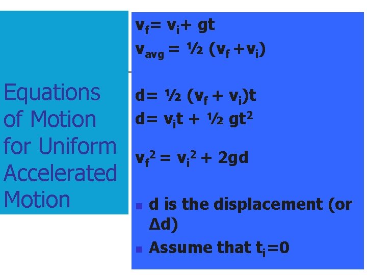 vf= vi+ gt vavg = ½ (vf +vi) Equations of Motion for Uniform Accelerated