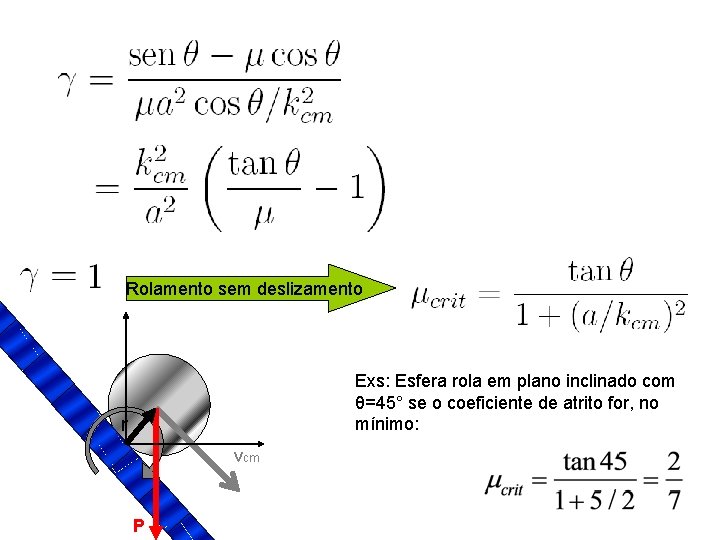 Rolamento sem deslizamento Exs: Esfera rola em plano inclinado com θ=45° se o coeficiente Rolamento sem deslizamento Exs: Esfera rola em plano inclinado com θ=45° se o coeficiente