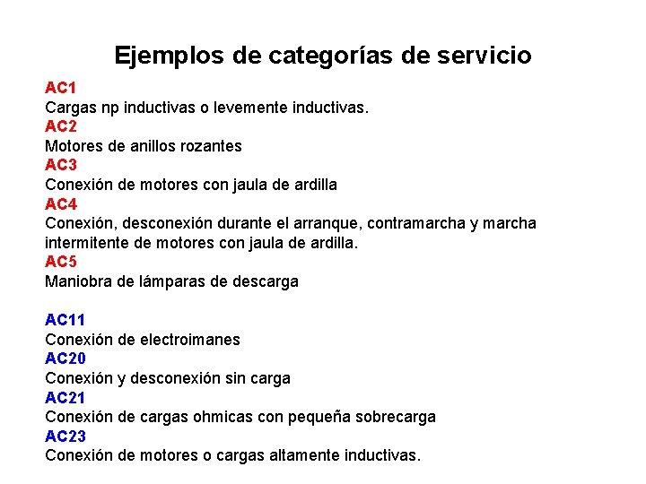 Ejemplos de categorías de servicio AC 1 Cargas np inductivas o levemente inductivas. AC