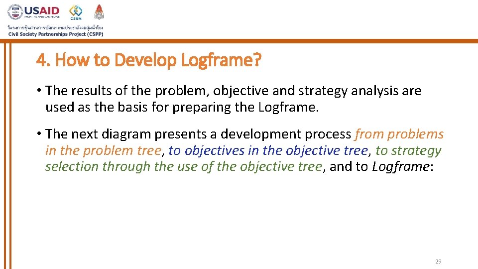 4. How to Develop Logframe? • The results of the problem, objective and strategy