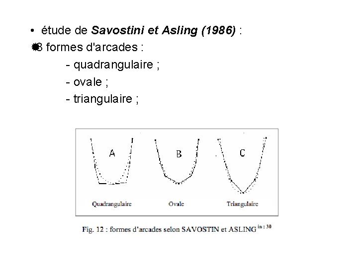  • étude de Savostini et Asling (1986) : 3 formes d'arcades : -