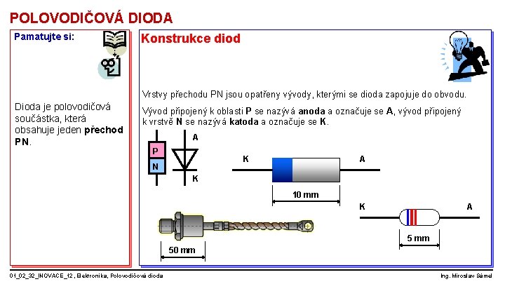 POLOVODIČOVÁ DIODA Pamatujte si: Konstrukce diod Vrstvy přechodu PN jsou opatřeny vývody, kterými se