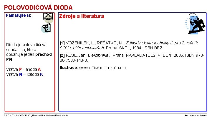 POLOVODIČOVÁ DIODA Pamatujte si: Zdroje a literatura Dioda je polovodičová součástka, která obsahuje jeden