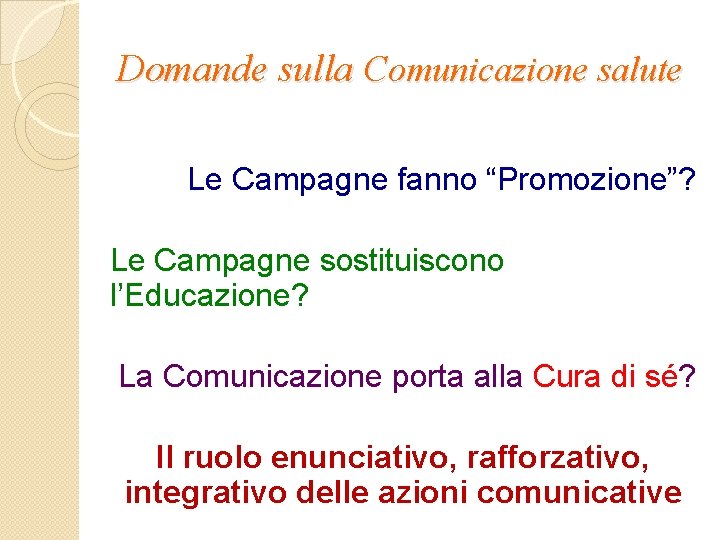 Domande sulla Comunicazione salute Le Campagne fanno “Promozione”? Le Campagne sostituiscono l’Educazione? La Comunicazione