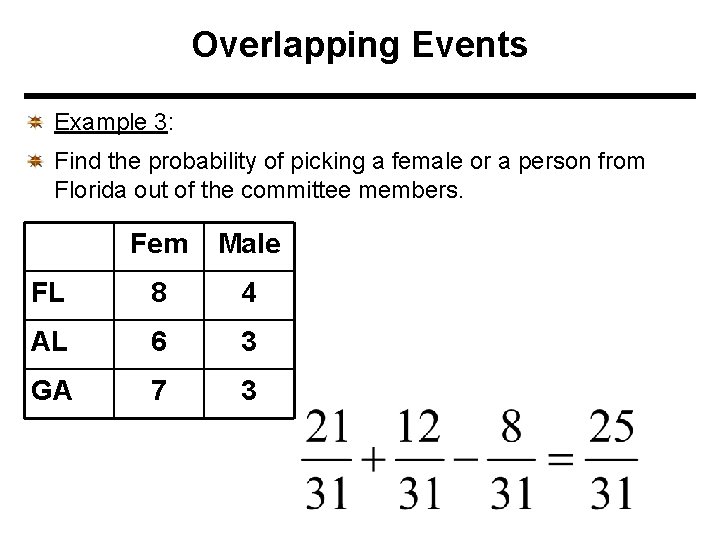 Overlapping Events Example 3: Find the probability of picking a female or a person