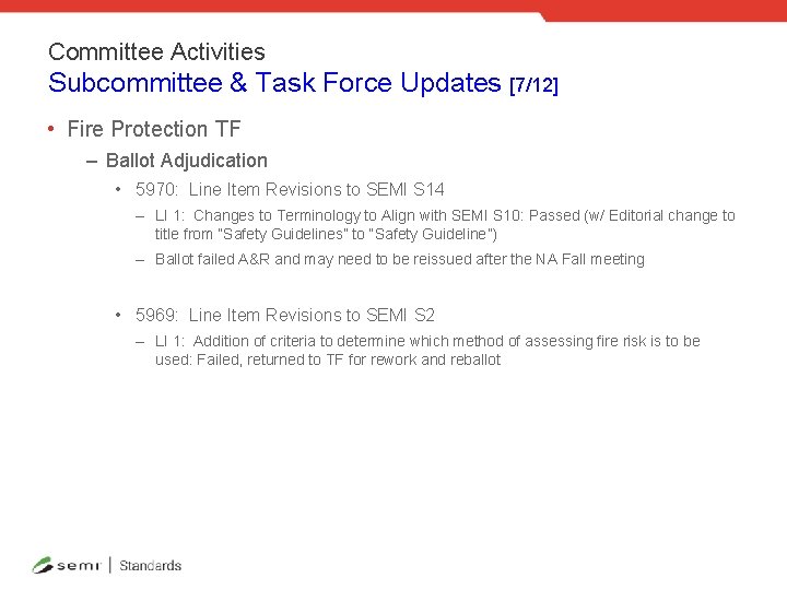 Committee Activities Subcommittee & Task Force Updates [7/12] • Fire Protection TF – Ballot