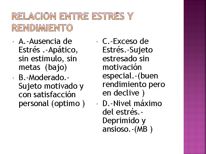  A. -Ausencia de Estrés. -Apático, sin estimulo, sin metas (bajo) B. -Moderado. Sujeto