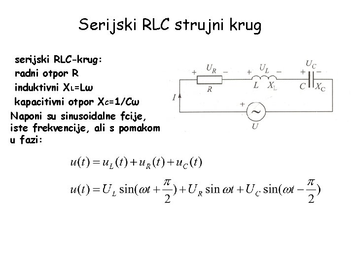 Serijski RLC strujni krug serijski RLC-krug: radni otpor R induktivni XL=Lω kapacitivni otpor XC=1/Cω