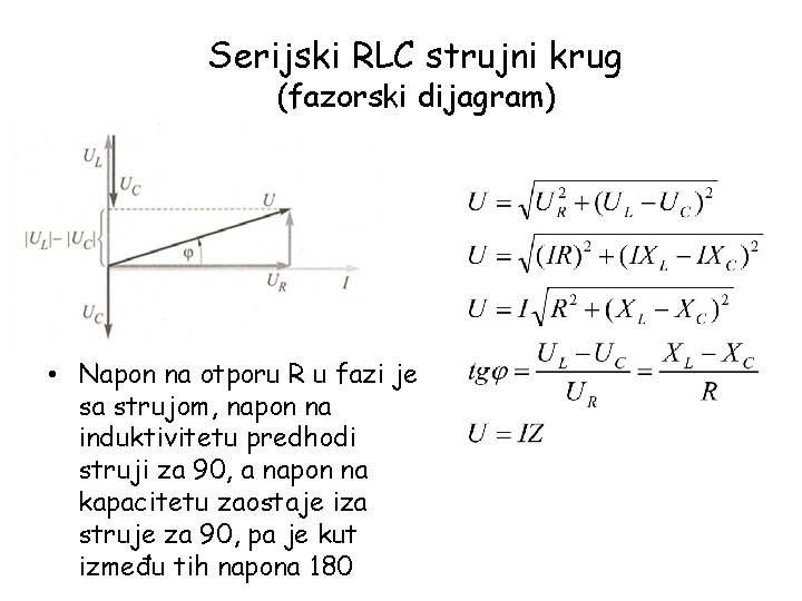 Serijski RLC strujni krug (fazorski dijagram) • Napon na otporu R u fazi je