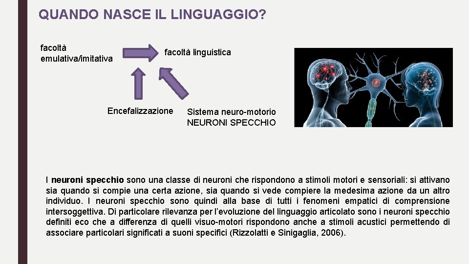 QUANDO NASCE IL LINGUAGGIO? facoltà emulativa/imitativa facoltà linguistica Encefalizzazione Sistema neuro-motorio NEURONI SPECCHIO I