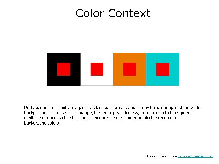 Color Context Red appears more brilliant against a black background and somewhat duller against