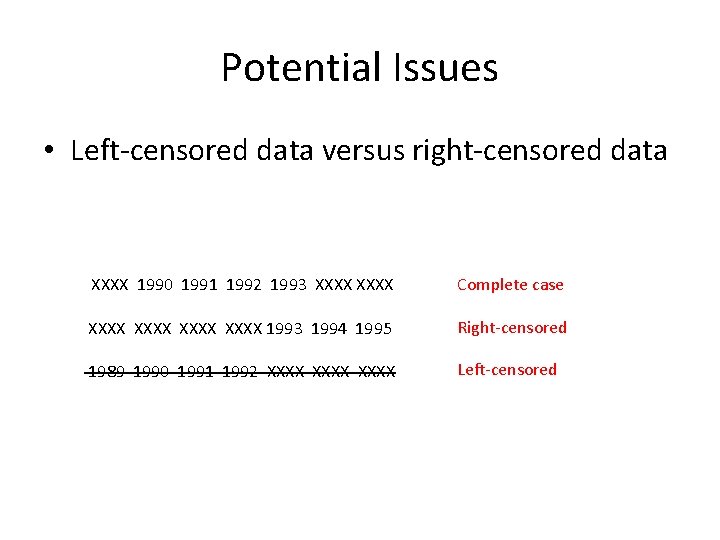 Potential Issues • Left-censored data versus right-censored data XXXX 1990 1991 1992 1993 XXXX