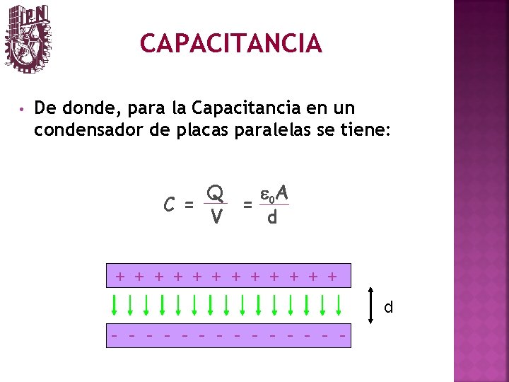 CAPACITANCIA • De donde, para la Capacitancia en un condensador de placas paralelas se