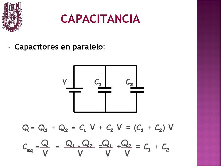 CAPACITANCIA • Capacitores en paralelo: V C 1 C 2 Q = Q 1