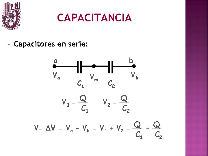 CAPACITANCIA • Capacitores en serie: a Va b C 1 V 1 = Q