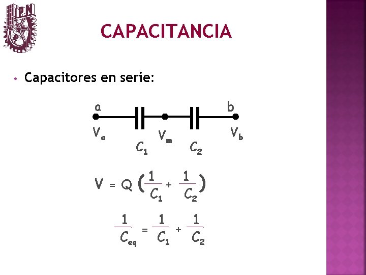 CAPACITANCIA • Capacitores en serie: a Va b C 1 Vm C 2 1