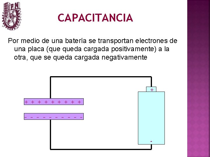 CAPACITANCIA Por medio de una batería se transportan electrones de una placa (que queda