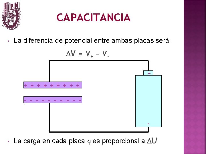 CAPACITANCIA • La diferencia de potencial entre ambas placas será: DV = V+ -