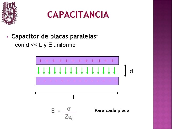 CAPACITANCIA • Capacitor de placas paralelas: con d << L y E uniforme +