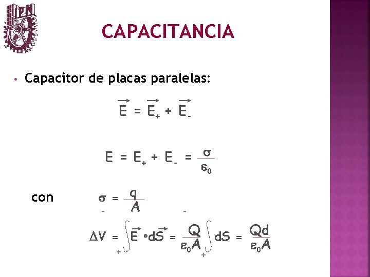 CAPACITANCIA • Capacitor de placas paralelas: E = E + + E- = s