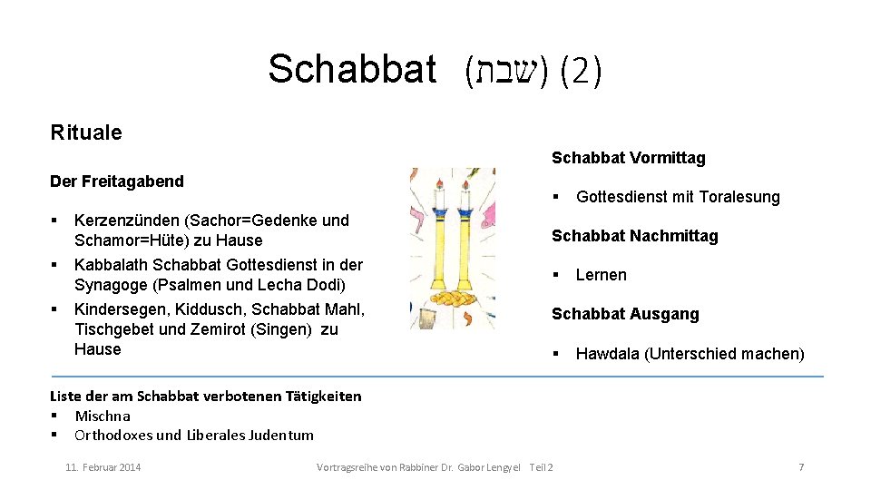 Schabbat ( ( )שבת 2) Rituale Der Freitagabend Kerzenzünden (Sachor=Gedenke und Schamor=Hüte) zu Hause