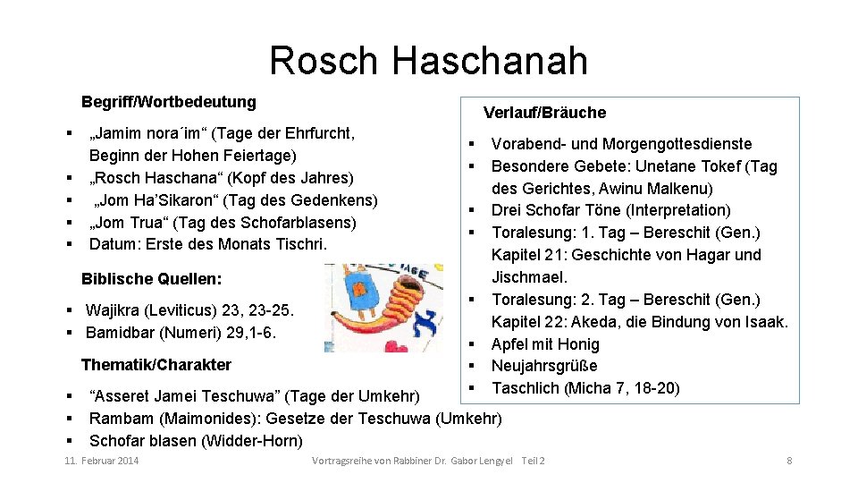 Rosch Haschanah Begriff/Wortbedeutung Verlauf/Bräuche „Jamim nora´im“ (Tage der Ehrfurcht, Beginn der Hohen Feiertage) „Rosch