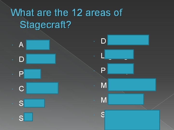 What are the 12 areas of Stagecraft? A cting D ramaturgy D irecting L
