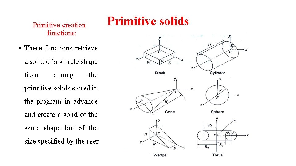 Primitive solids Primitive creation functions: • These functions retrieve a solid of a simple