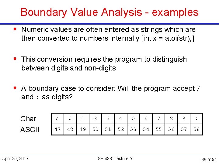 Boundary Value Analysis - examples § Numeric values are often entered as strings which