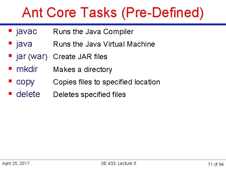 Ant Core Tasks (Pre-Defined) § § § javac Runs the Java Compiler java Runs