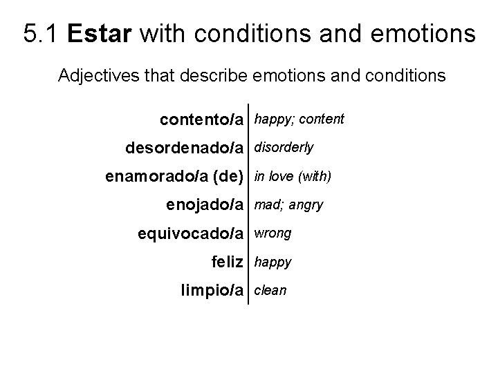 5. 1 Estar with conditions and emotions Adjectives that describe emotions and conditions contento/a