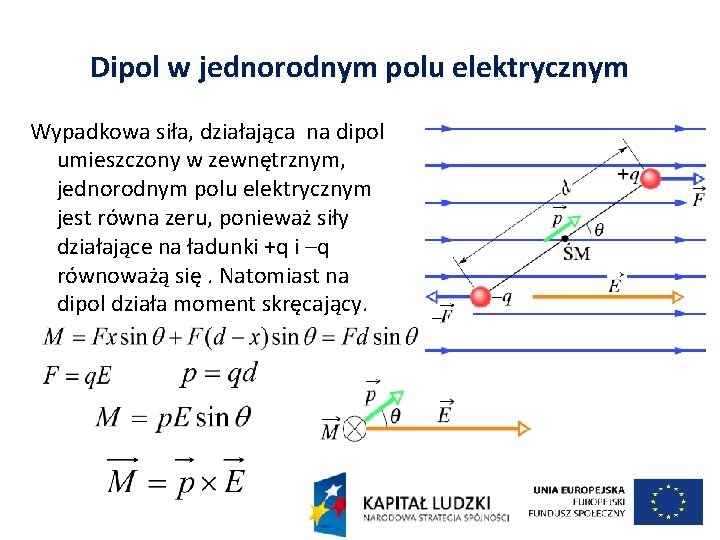 Dipol w jednorodnym polu elektrycznym Wypadkowa siła, działająca na dipol umieszczony w zewnętrznym, jednorodnym