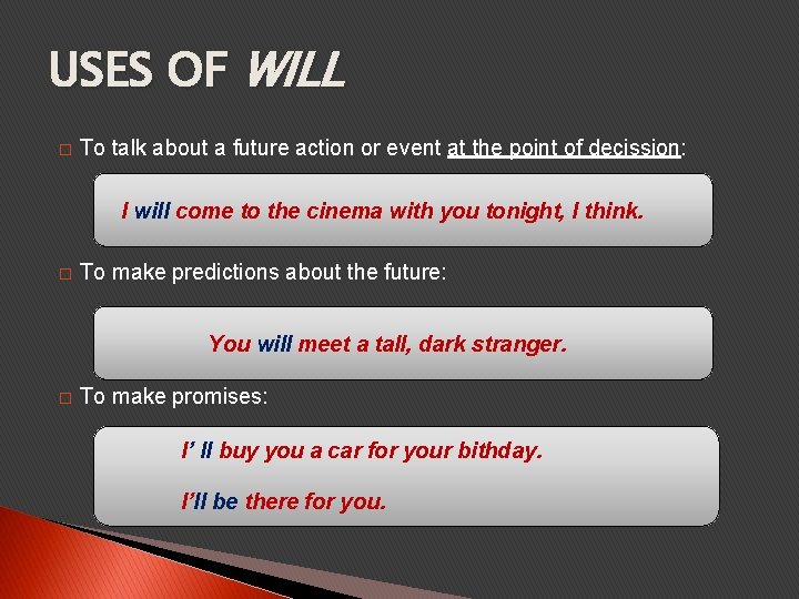 USES OF WILL � To talk about a future action or event at the