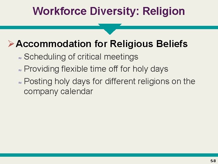 Workforce Diversity: Religion Ø Accommodation for Religious Beliefs ≈ Scheduling of critical meetings ≈