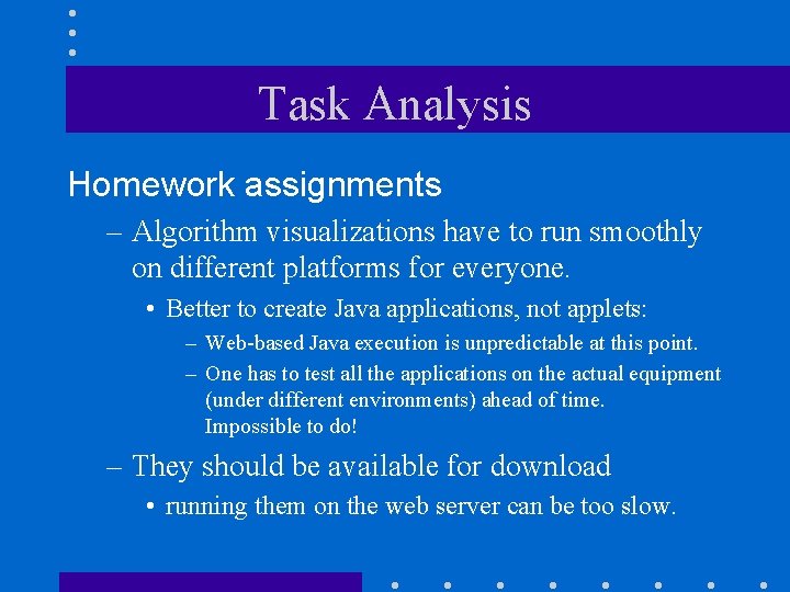 Task Analysis Homework assignments – Algorithm visualizations have to run smoothly on different platforms