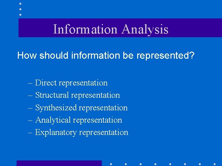 Information Analysis How should information be represented? – Direct representation – Structural representation –