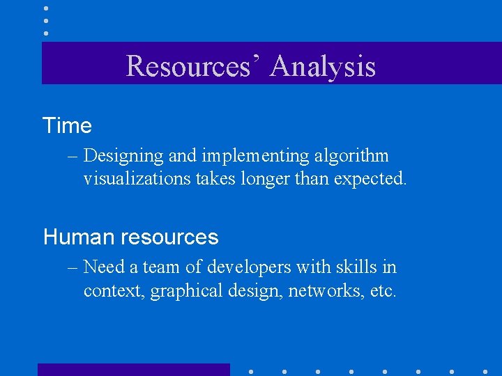 Resources’ Analysis Time – Designing and implementing algorithm visualizations takes longer than expected. Human