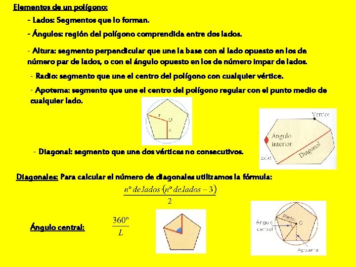 Elementos de un polígono: - Lados: Segmentos que lo forman. - Ángulos: región del