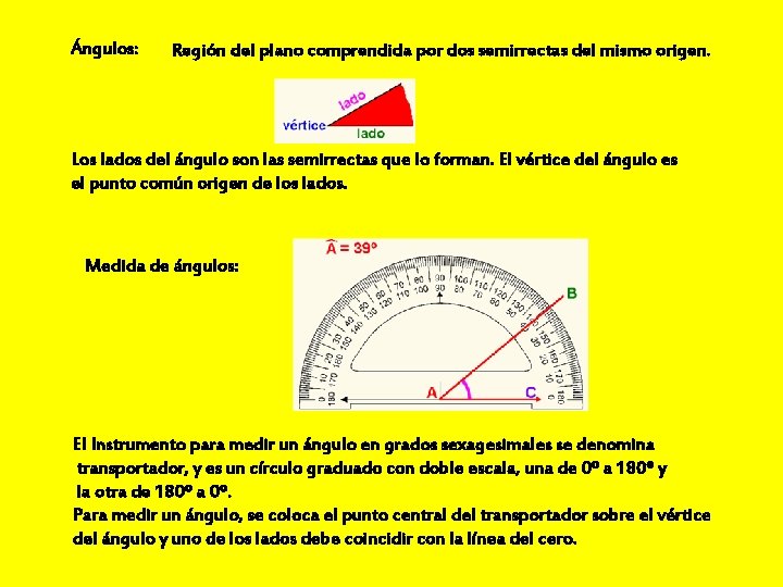 Ángulos: Región del plano comprendida por dos semirrectas del mismo origen. Los lados del