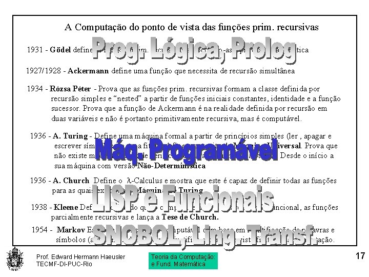 A Computação do ponto de vista das funções prim. recursivas 1931 - Gödel define