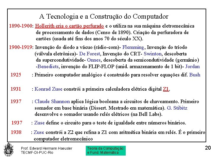 A Tecnologia e a Construção do Computador 1890 -1900: Hollerith cria o cartão perfurado